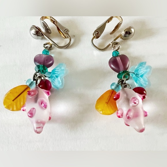 Lucy Isaacs Vintage Flower Glass Bead clip on Earrings - Picture 2 of 4